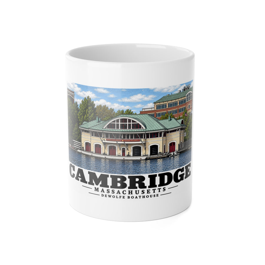 Front view of the white ceramic mug with Cambridge DeWolfe Boathouse artwork.