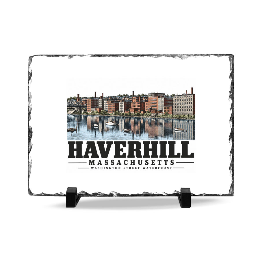 Front on display stands of Washington Street Waterfront slate desk plaque, with Haverhill, Massachusetts artwork and lettering.