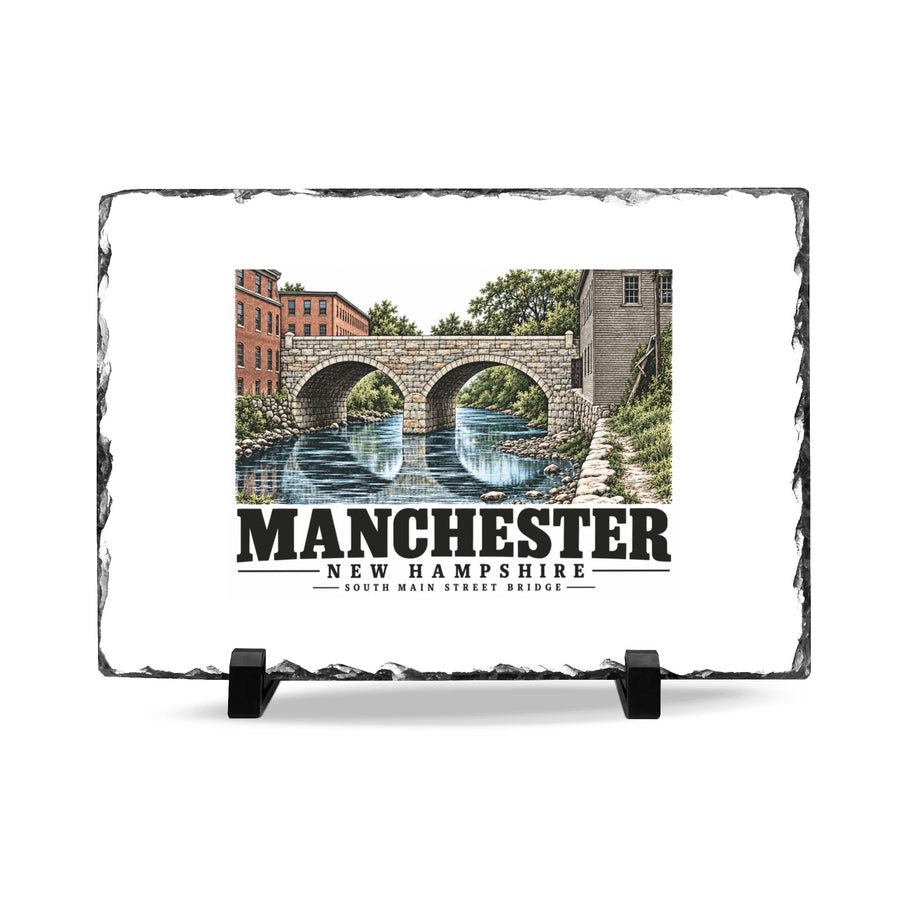 Front on display stands of South Main Street Bridge slate desk plaque, with Manchester, New Hampshire artwork and lettering.