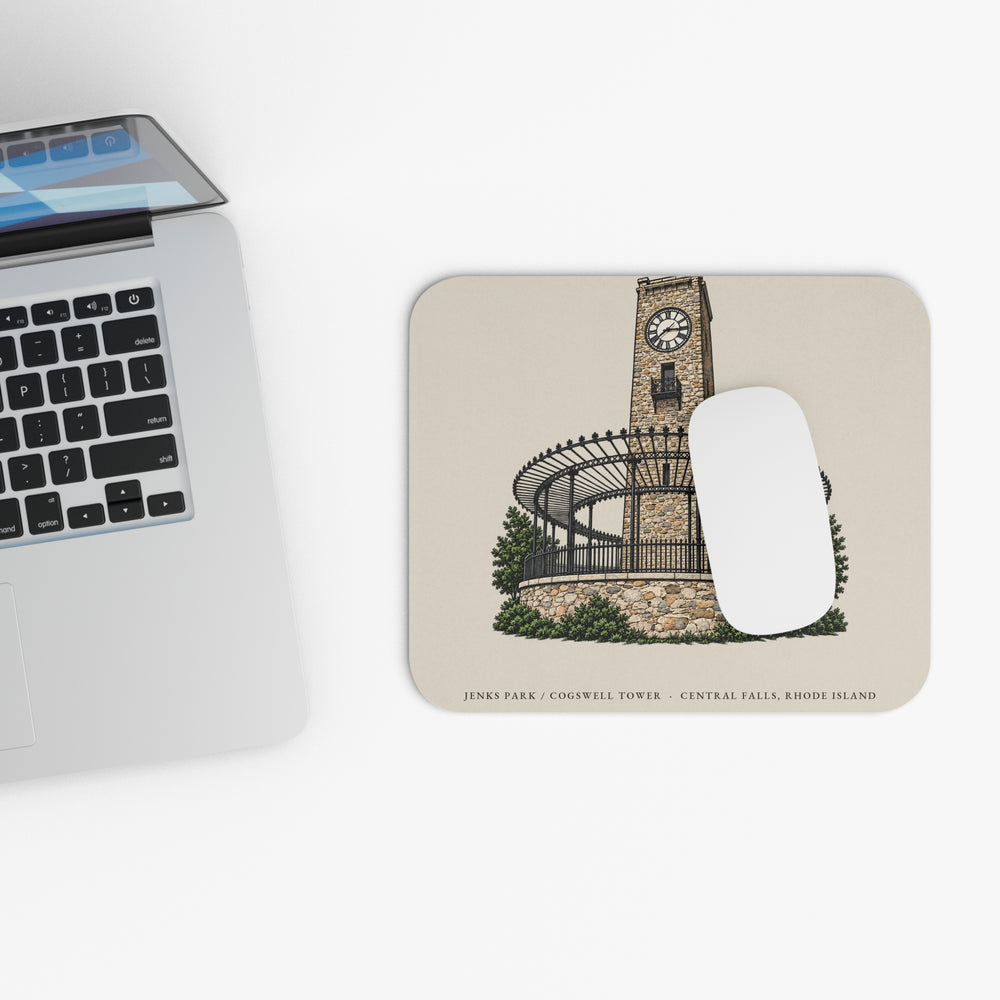 Central Falls Jenks Park / Cogswell Tower mouse pad mockup showing the full illustrated print