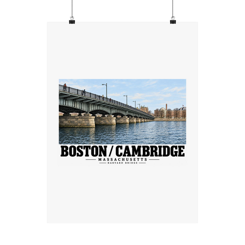 Poster with Harvard Bridge artwork and Boston/Cambridge lettering hanging from two binder clips