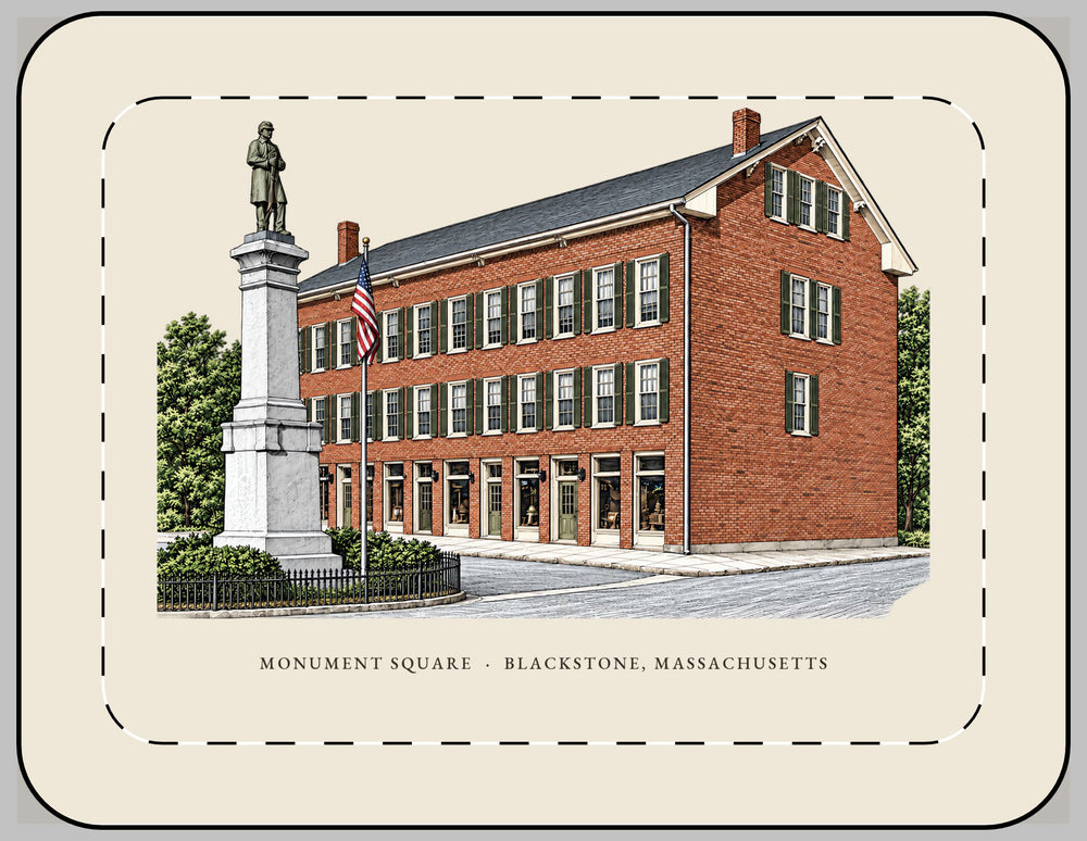 Blackstone Monument Square / Blackstone Block 13-inch laptop sleeve mockup showing the full illustrated print