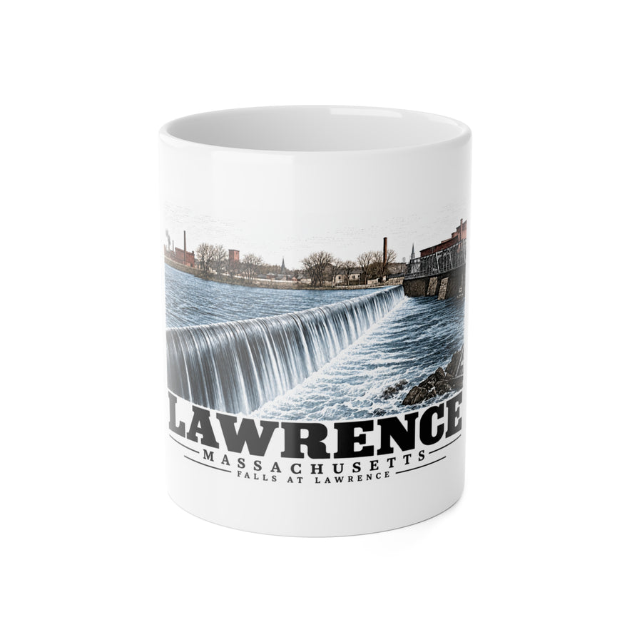 Front of Falls at Lawrence white ceramic mug, Lawrence, Massachusetts.
