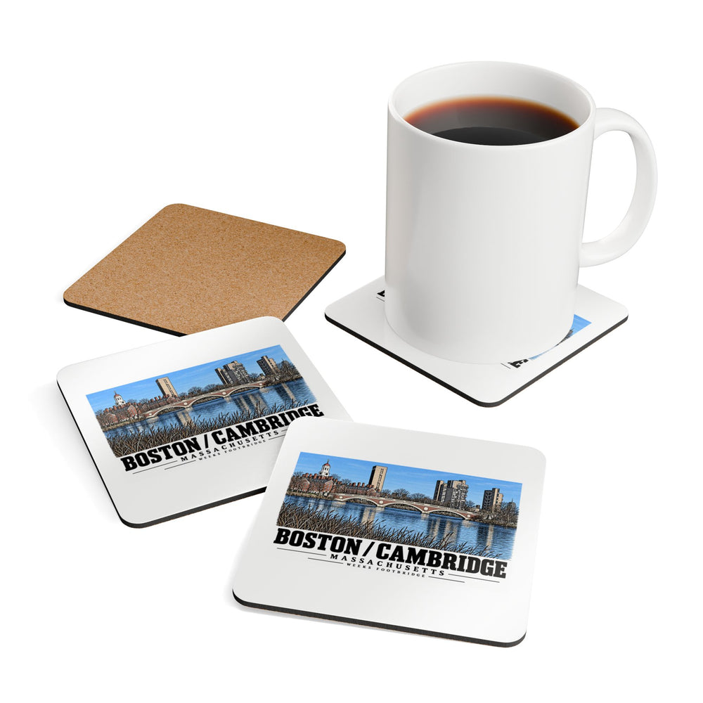 Coasters showing Weeks Footbridge stone arches and riverside towers artwork beside a plain white mug of coffee and a coaster's cork reverse