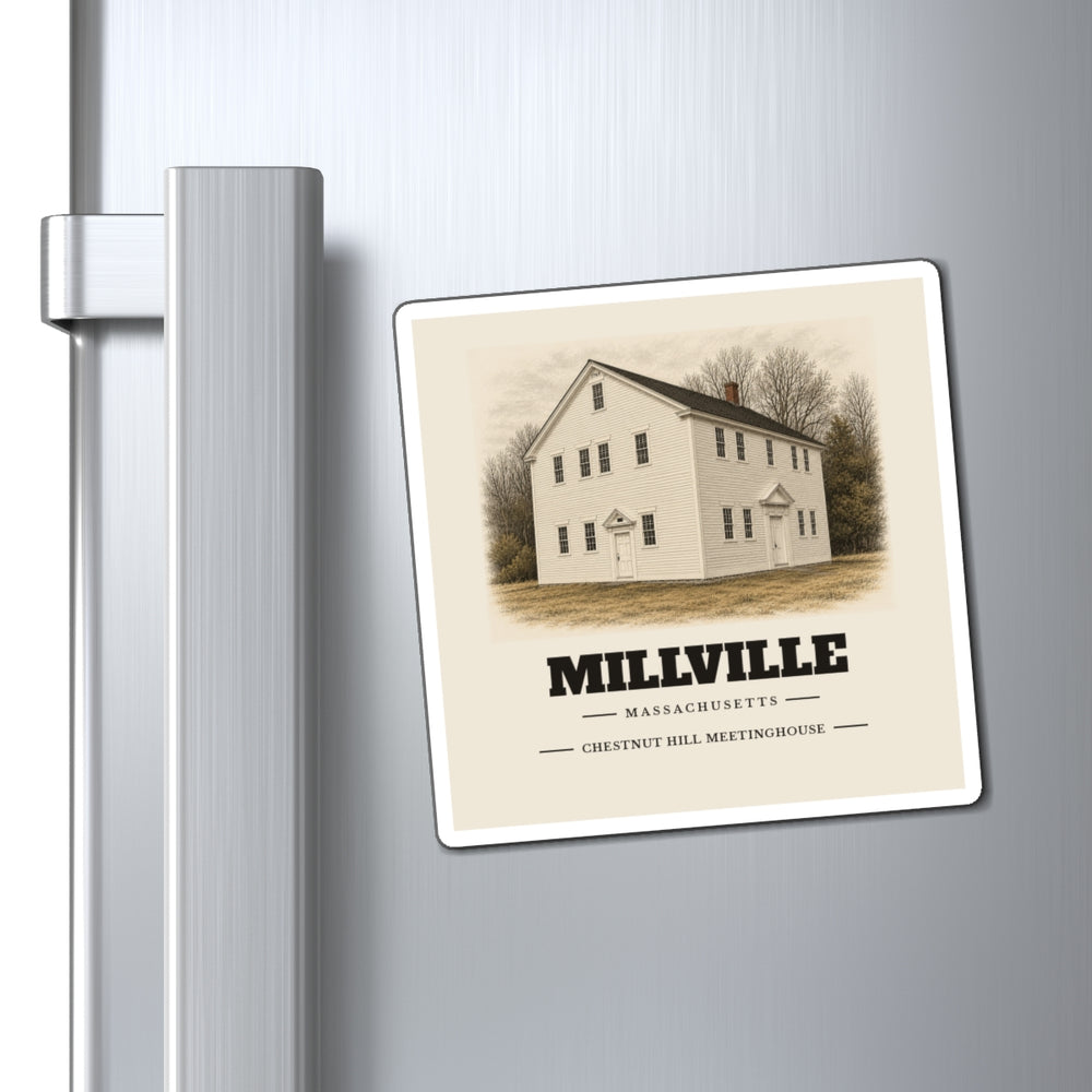 Millville Chestnut Hill Meetinghouse 4 inch magnet shown on a refrigerator