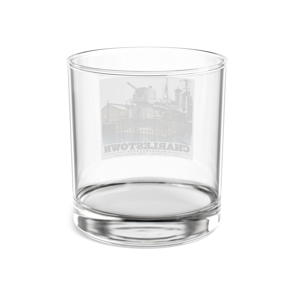 Rear of clear rocks glass showing reversed USS Nelson artwork through glass