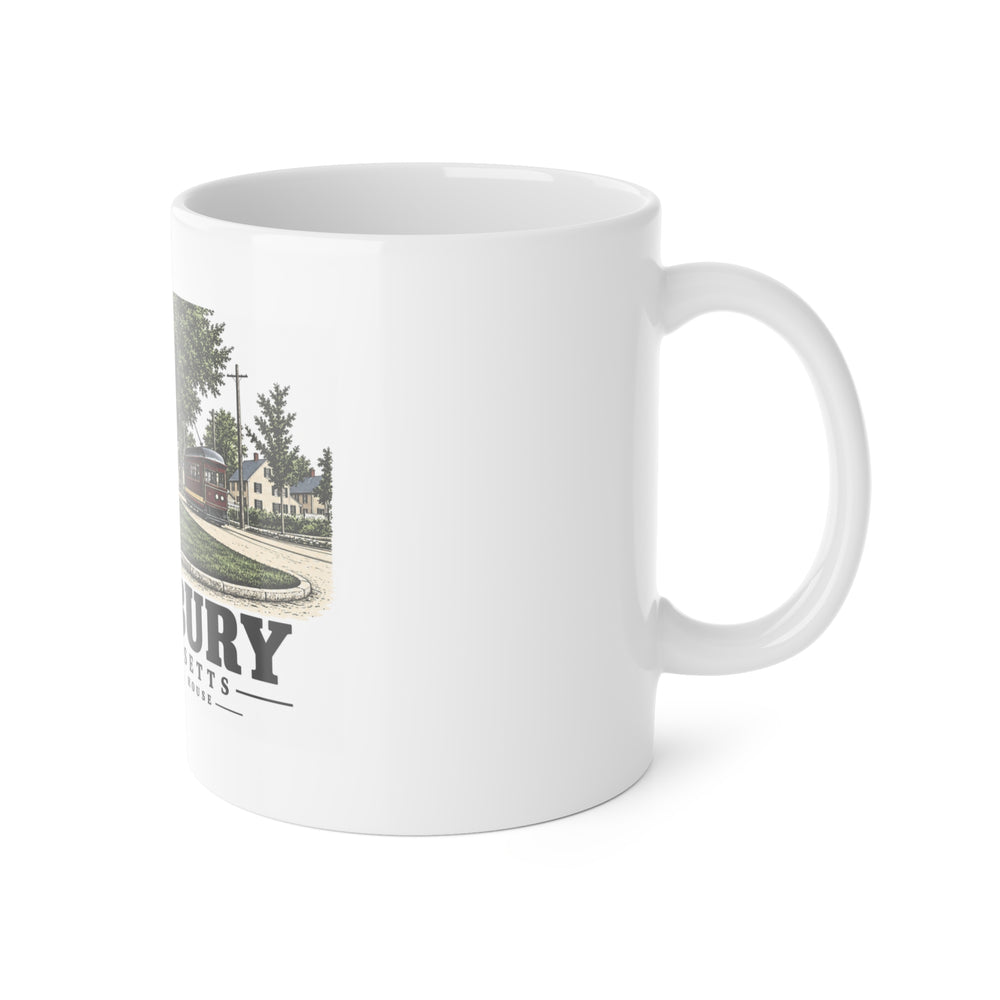 Amesbury Friends Meeting House, Friend Street, with streetcar 11 oz White Ceramic Mug - Merrimack Valley Goods