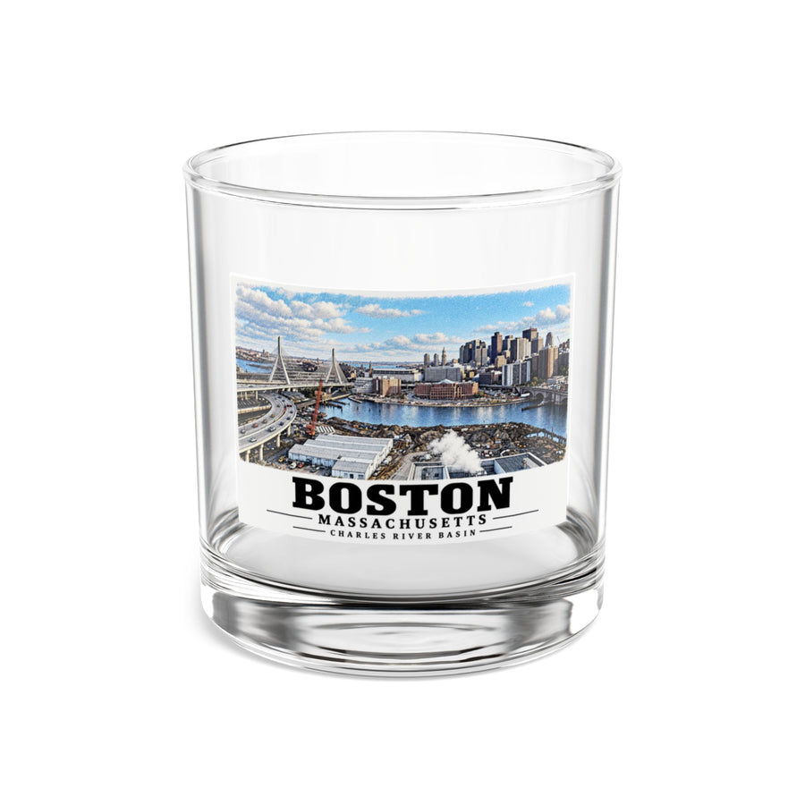 Clear rocks glass showing Boston skyline, cable-stayed bridge and Charles River basin artwork and Boston lettering