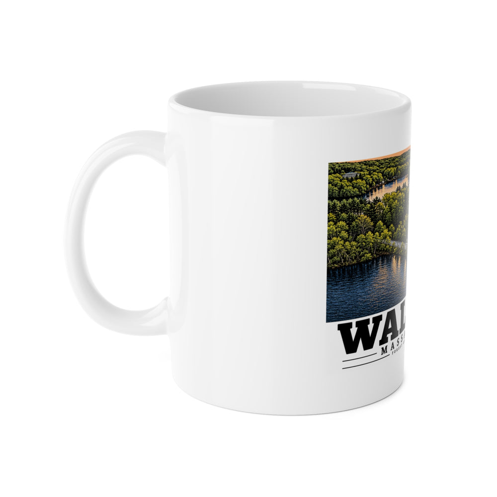 Left-handle view of the white ceramic mug with Forest Grove Road Causeway artwork partly visible.