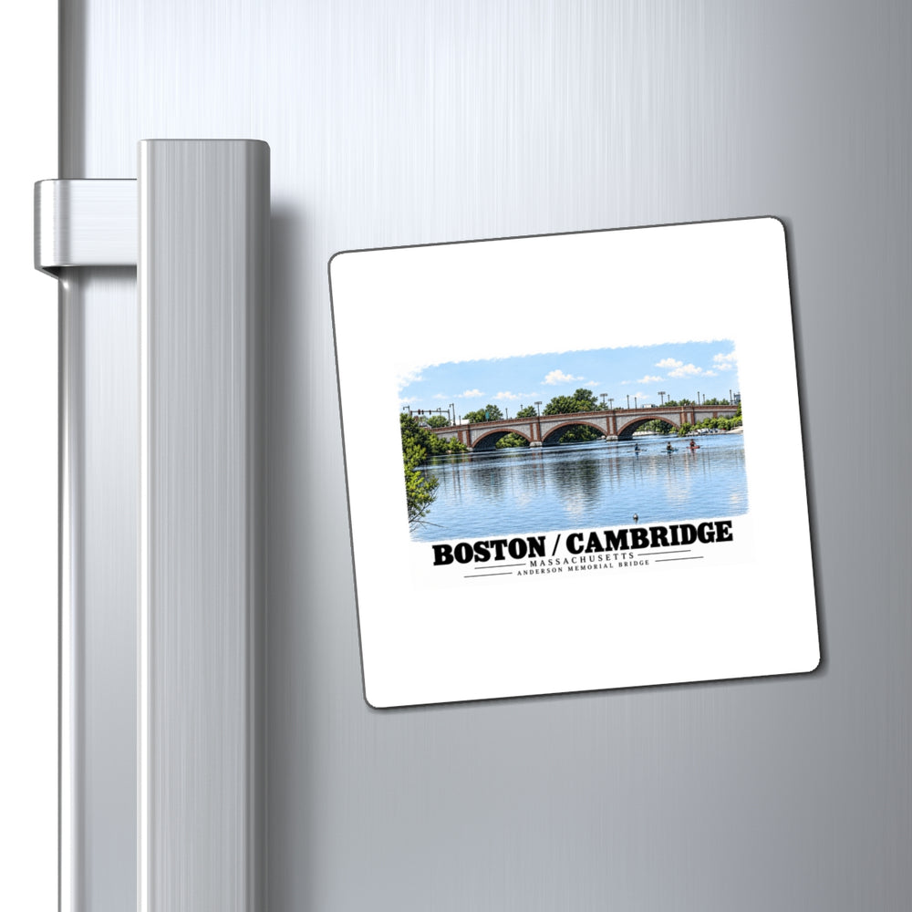 Anderson Memorial Bridge and scullers magnet on a refrigerator beside its handle