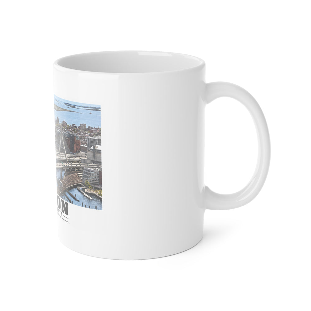 Aerial view of Boston with Zakim Bridge across Charles 11 oz White Ceramic Mug - Charles River