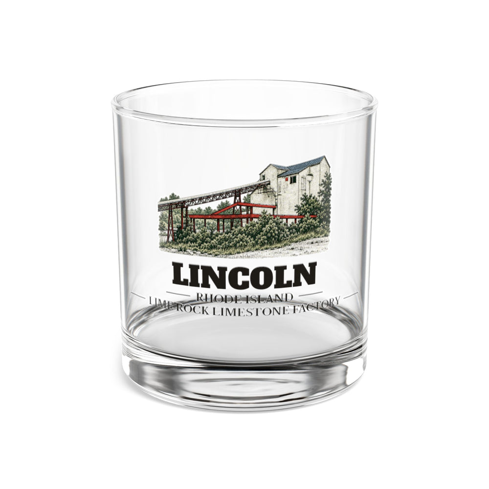 Front view of the Lincoln Lime Rock Limestone Factory artwork printed on a clear 10 oz rocks glass