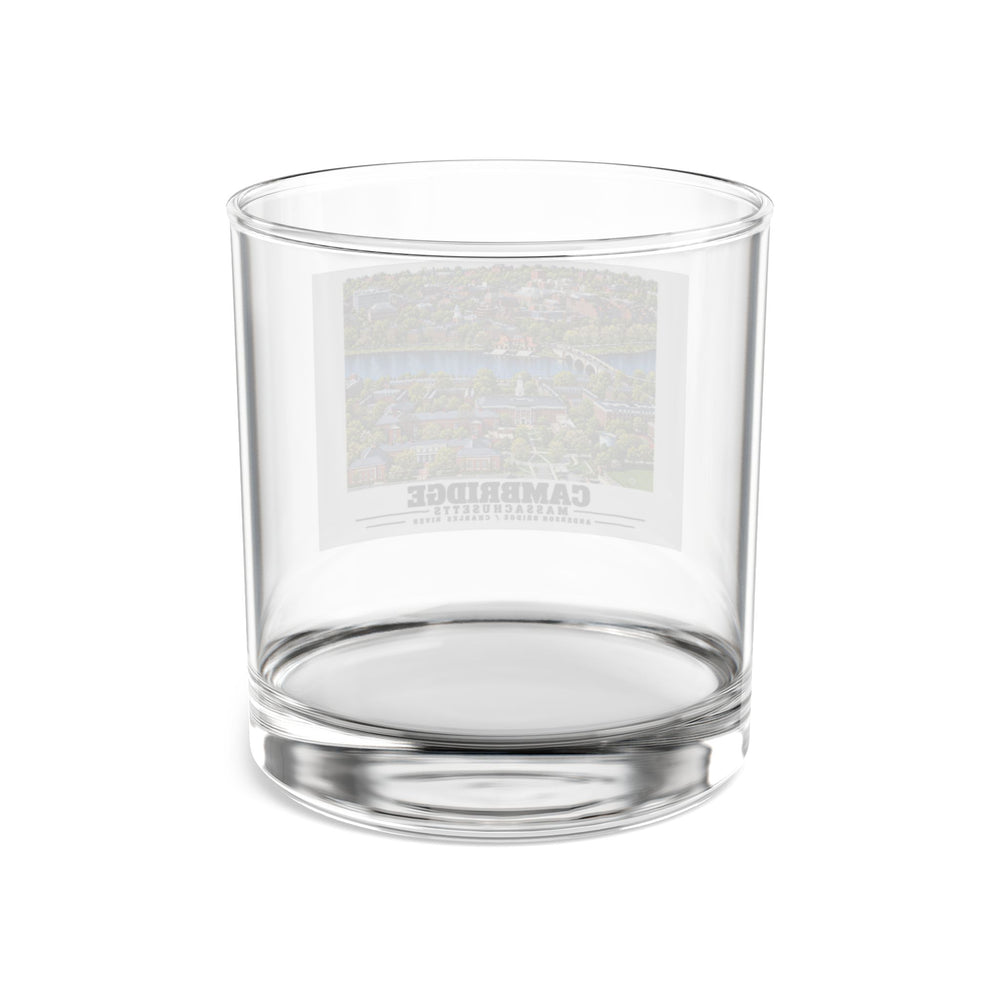 Reverse view of a clear rocks glass with the Cambridge design faintly visible through the glass.