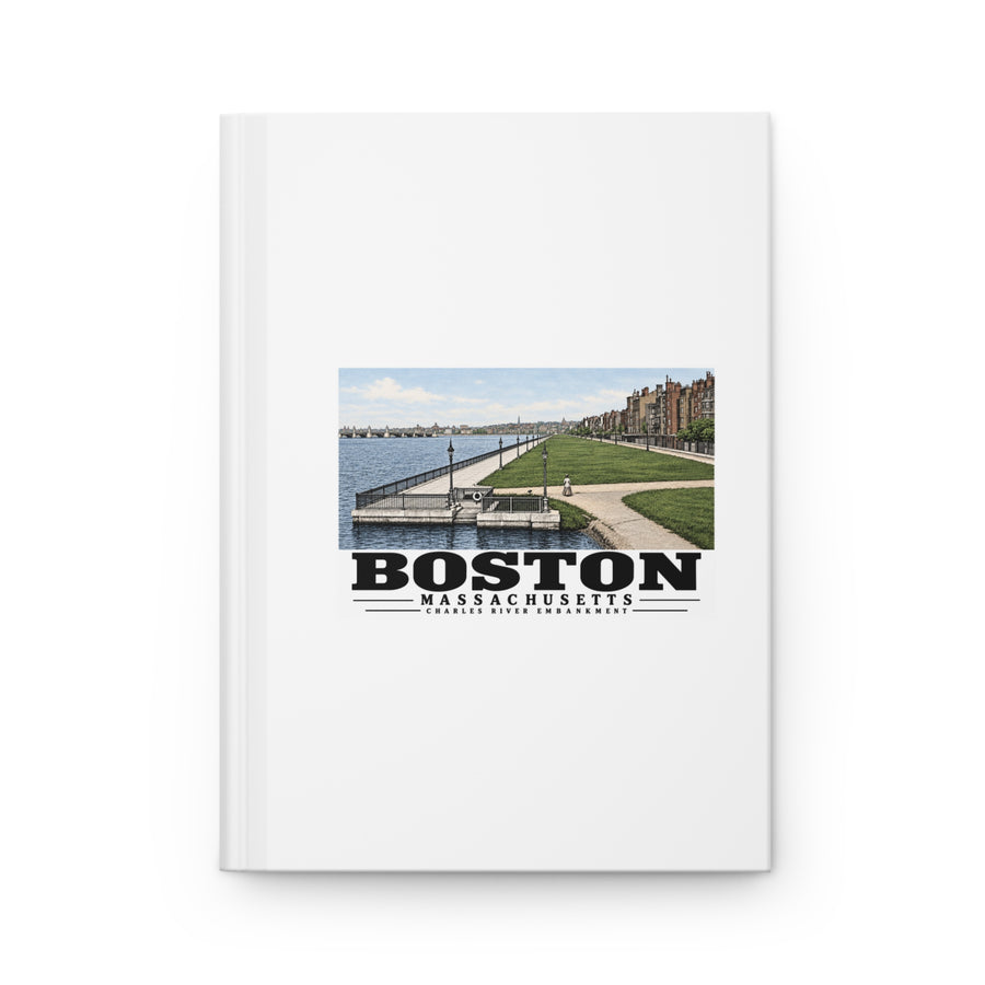 White hardcover journal with Charles River Embankment riverside path, lawn and buildings artwork and Boston lettering