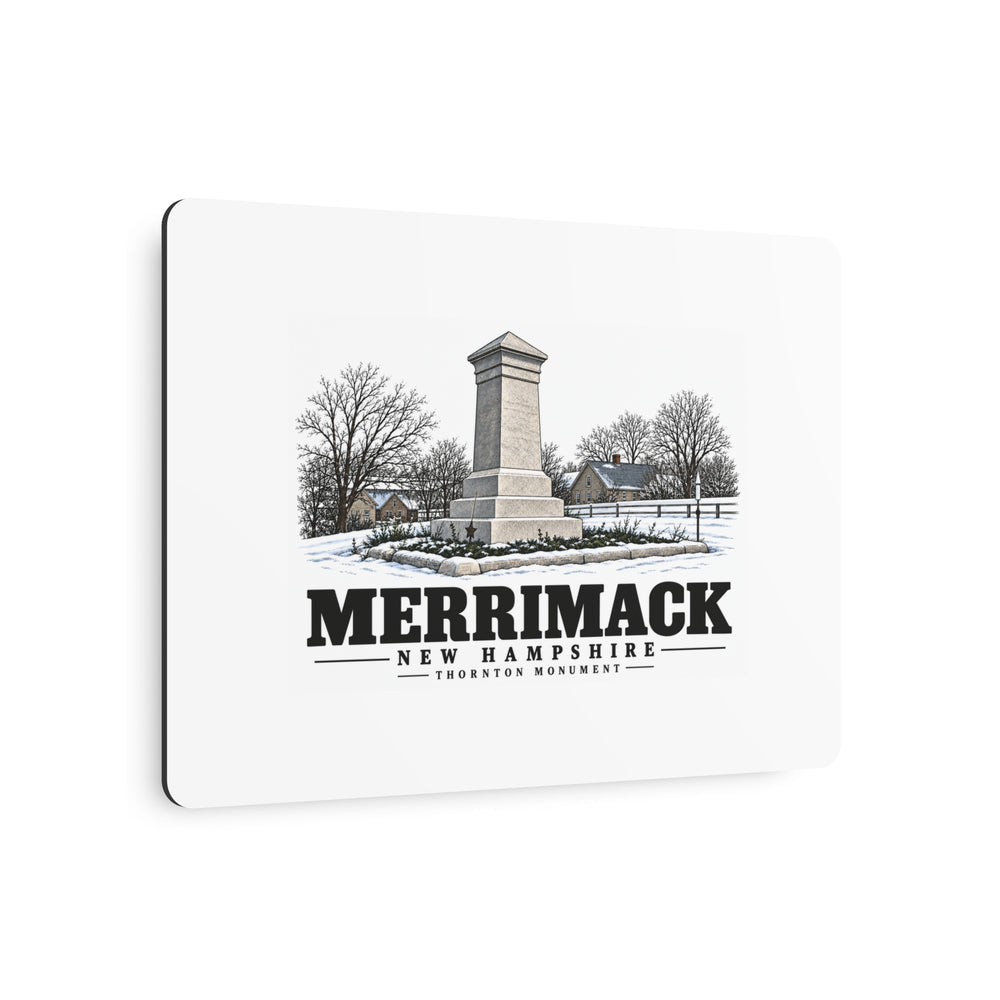 Angled front of Thornton Monument metal wall art, with Merrimack, New Hampshire artwork and lettering.