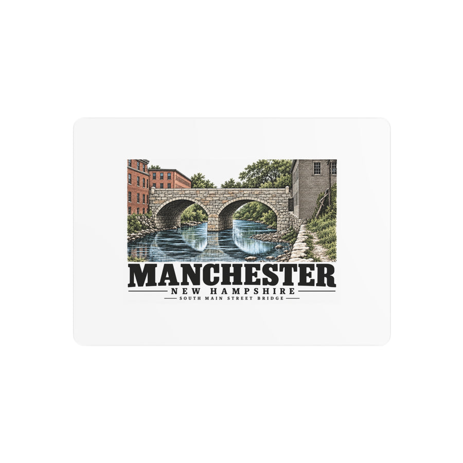 Front of South Main Street Bridge metal wall art, with Manchester, New Hampshire artwork and lettering.