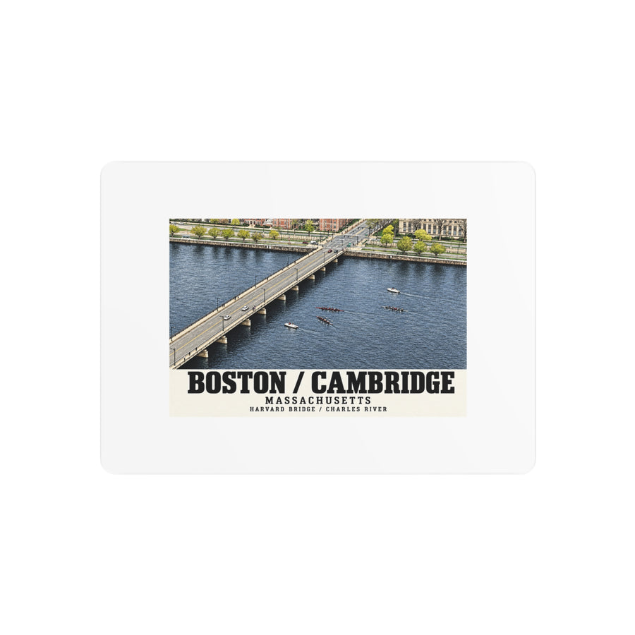 Metal wall print showing Harvard Bridge aerial view with scullers on the Charles River artwork and Boston/Cambridge lettering