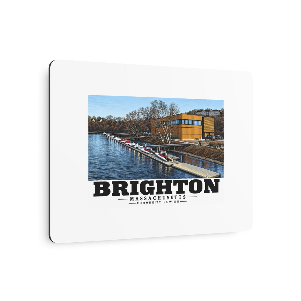 Angled view of Community Rowing building, dock and boats metal print with its dark edge visible