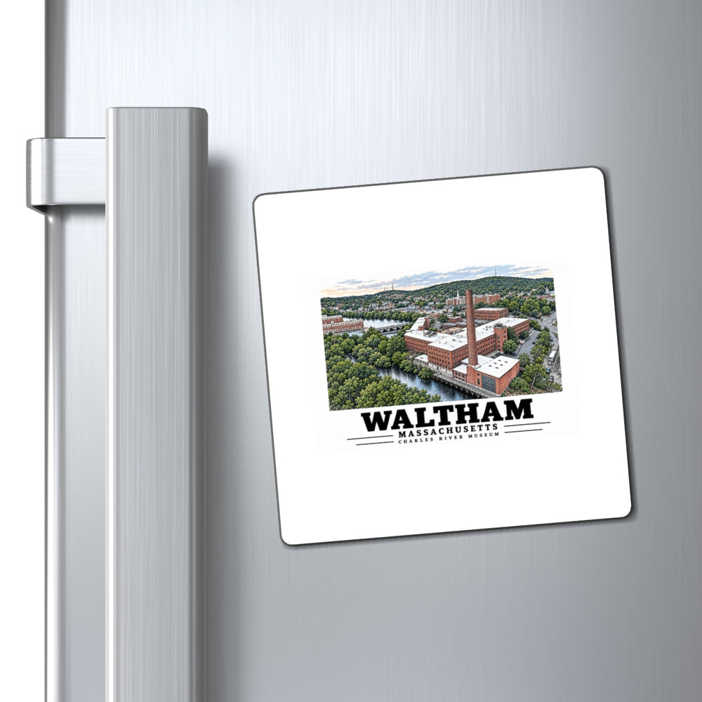 Waltham Charles River Museum square magnet displayed on a metal refrigerator.