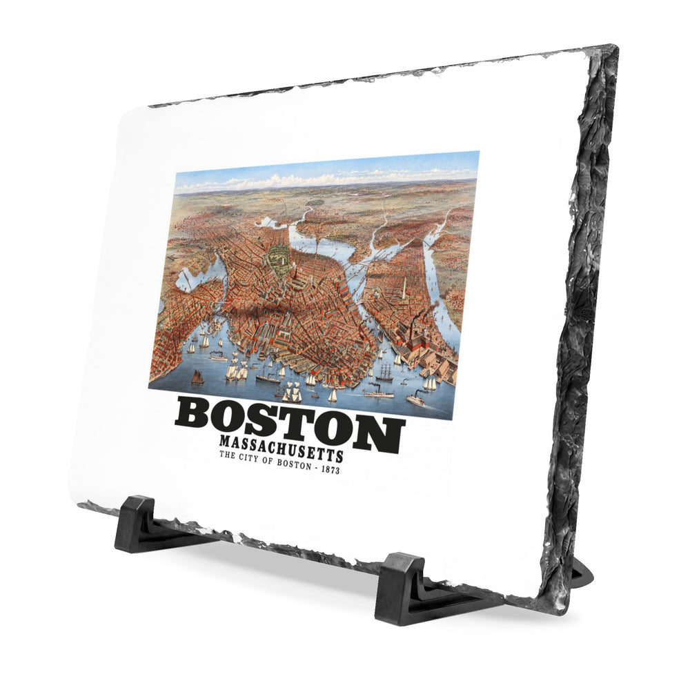 Angled rough-edged slate display on black stands showing historic Boston city and waterways bird-eye panorama artwork