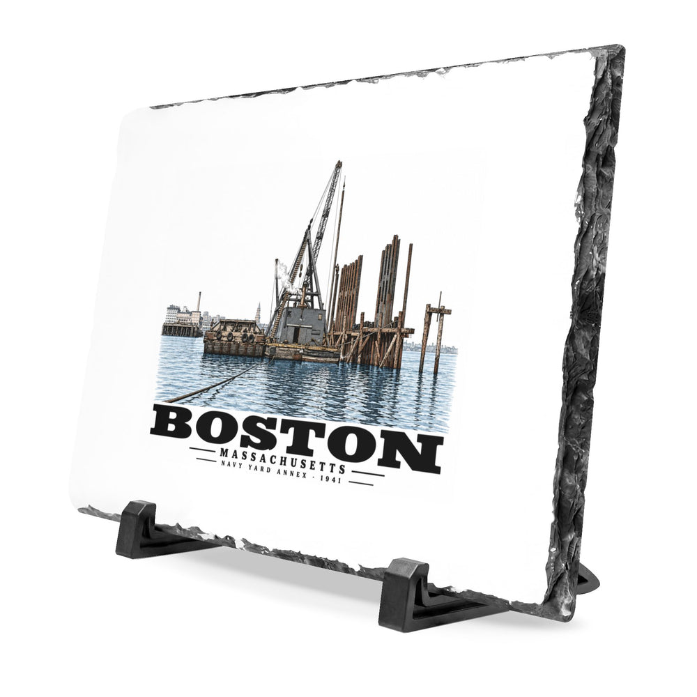 View from water of Navy Yard Annex/Dry Dock 7 × 11 in Slate Desk Plaque - Boston Harbor