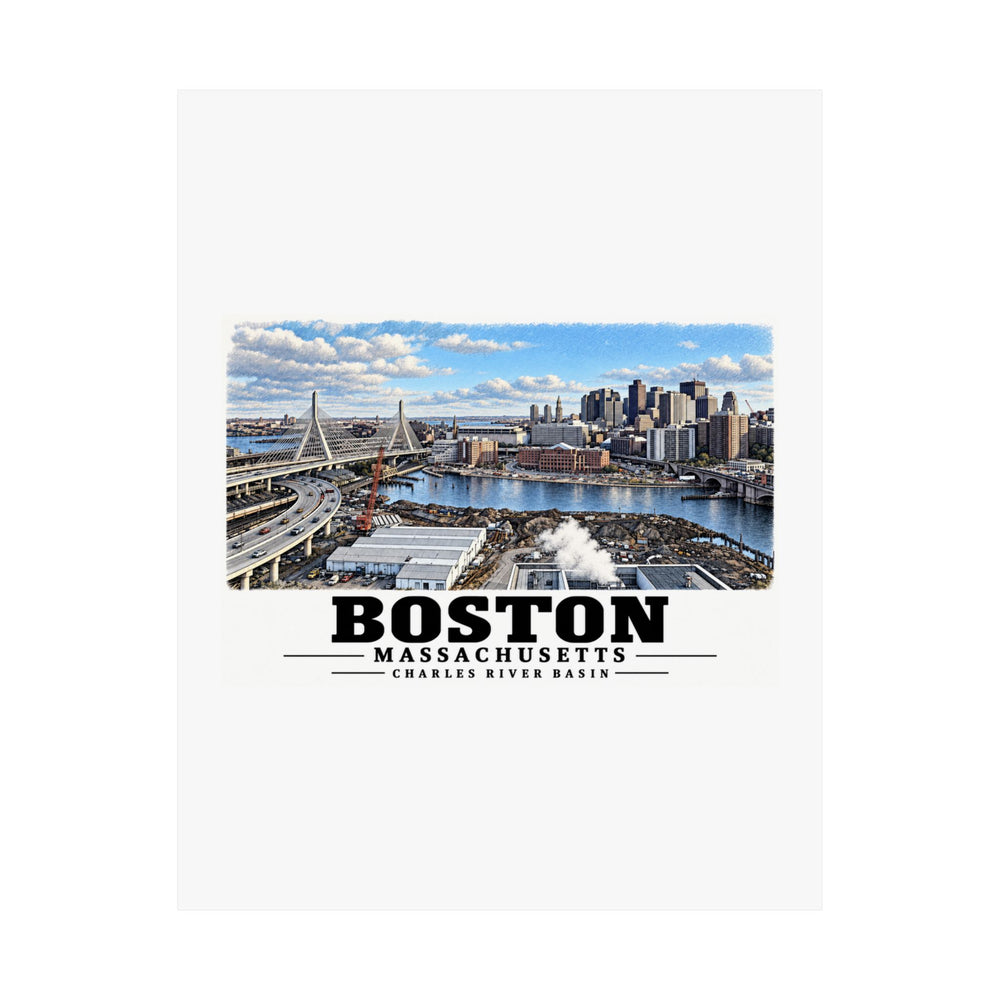 Flat Boston skyline, cable-stayed bridge and Charles River basin poster with Boston lettering