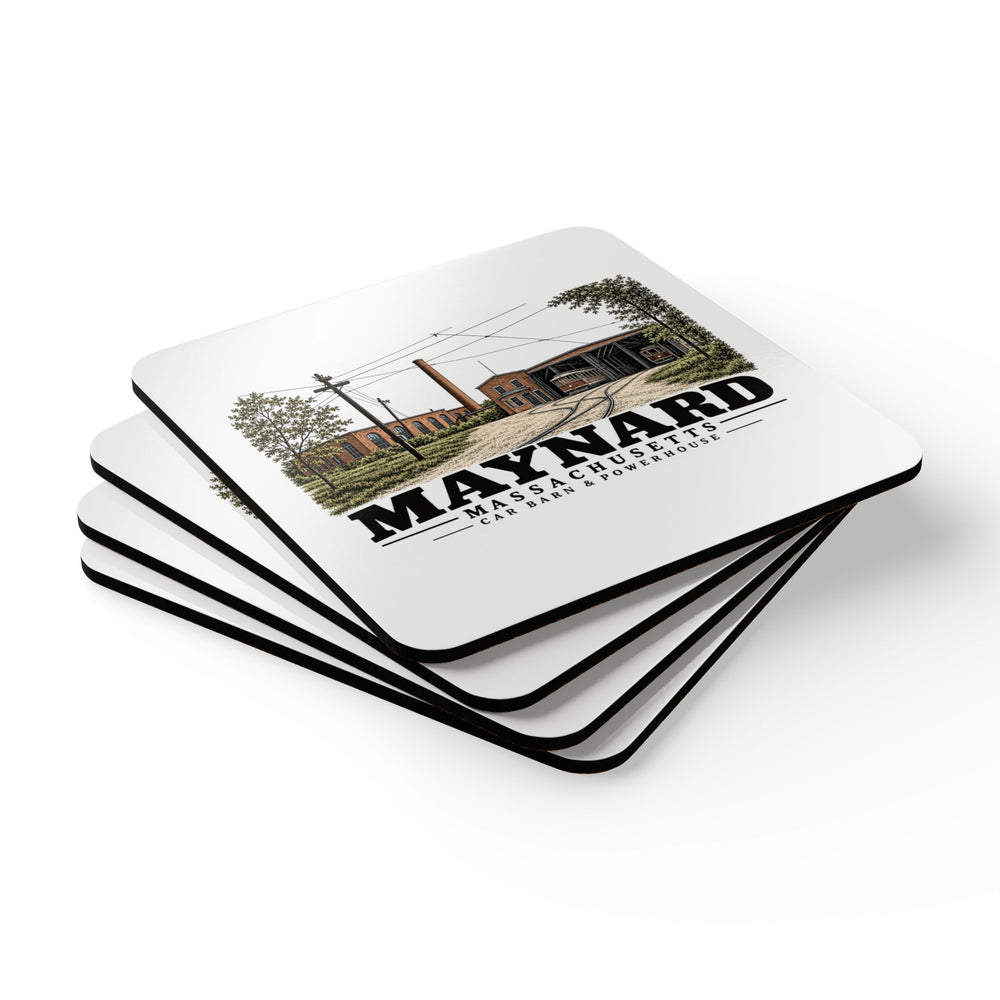 Illustrated Car Barn & Powerhouse in Maynard on corkwood coaster set