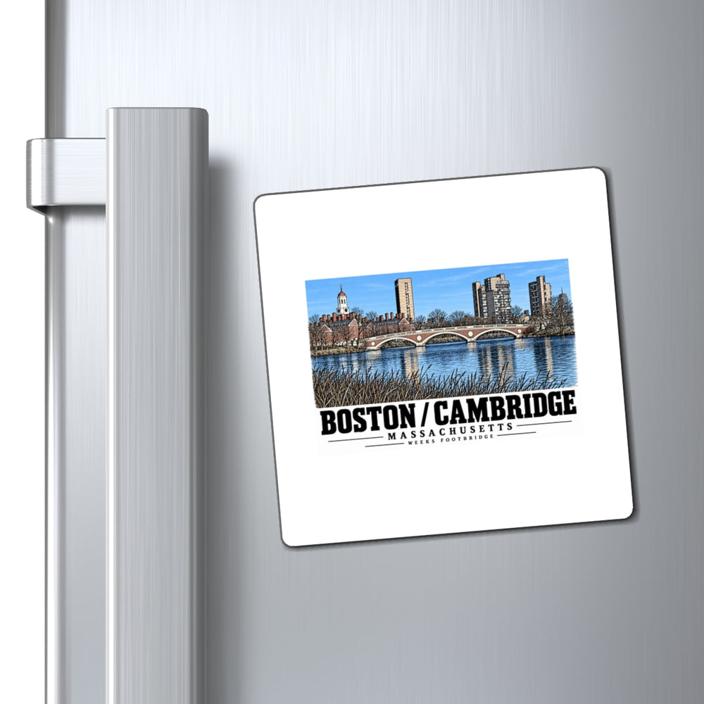 Weeks Footbridge stone arches and riverside towers magnet on a refrigerator beside its handle
