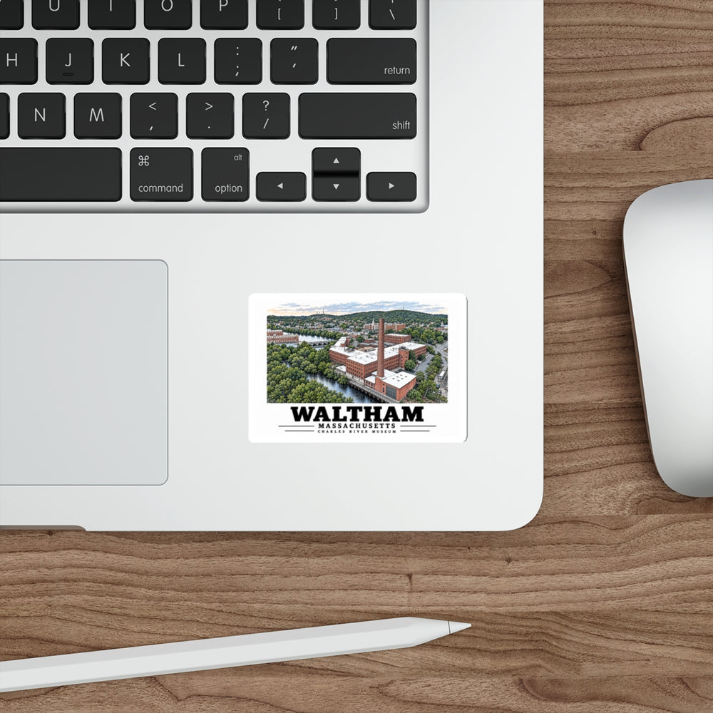 Illustrated Boston Manufacturing Company in Waltham on die-cut sticker