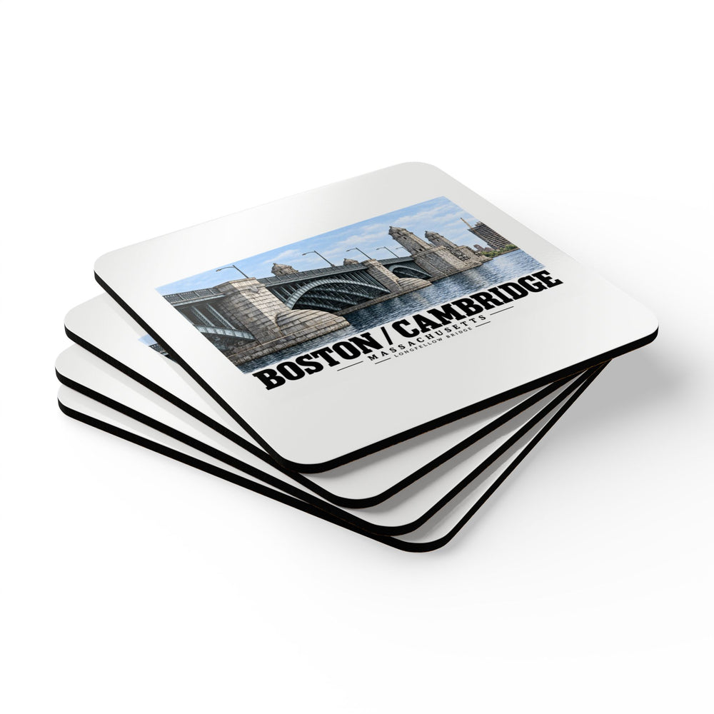 Stacked square coasters with Longfellow Bridge artwork on the upper coaster.