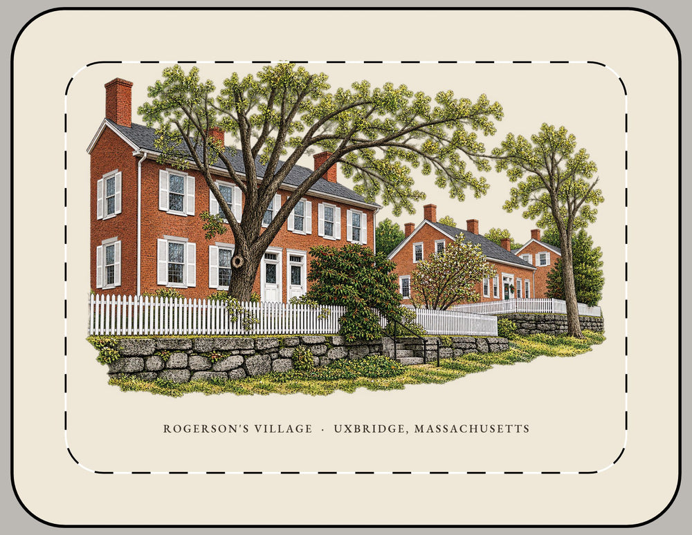 Uxbridge Rogerson's Village 15-inch laptop sleeve mockup showing the full illustrated print