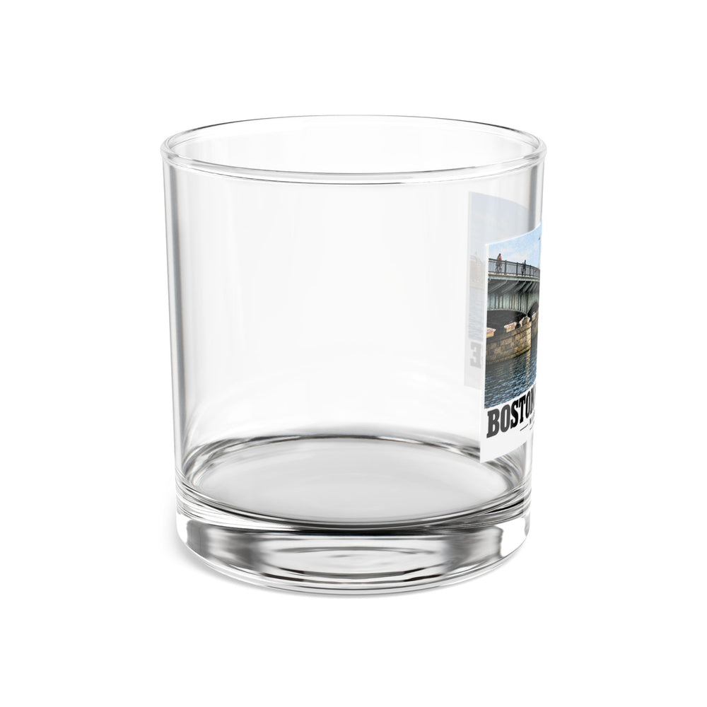Clear rocks glass side view with part of the Harvard Bridge print visible at the right