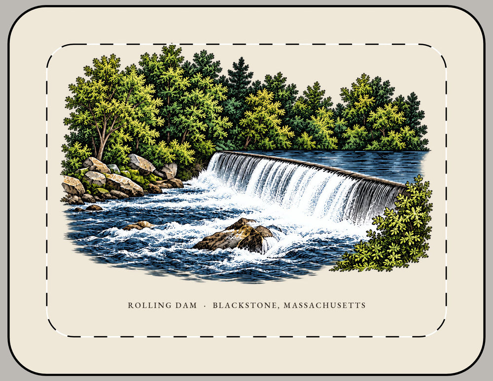 Blackstone Rolling Dam 15-inch laptop sleeve mockup showing the full illustrated print