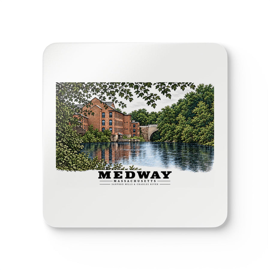 Sanford Mills and Sanford Street Bridge, Charles River, Medway village Cork Back Coaster Set - Charles River