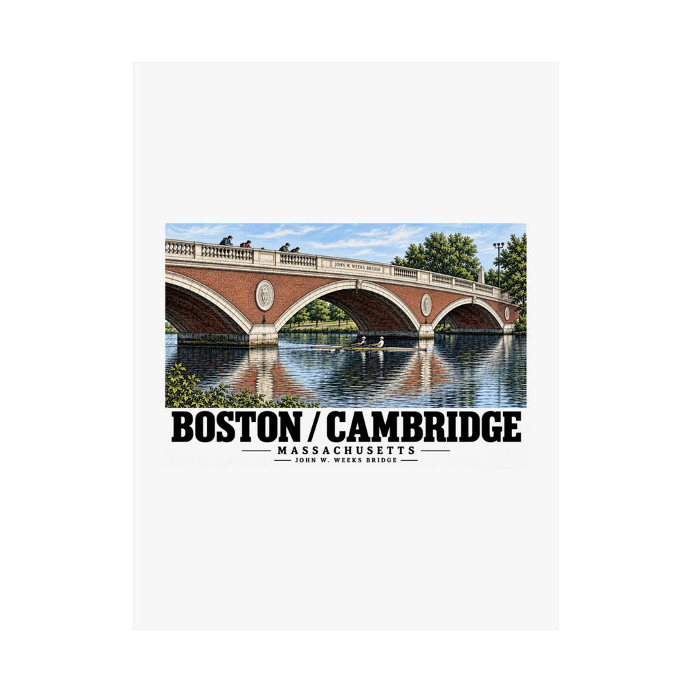 Flat John W. Weeks Bridge and scullers poster with Boston/Cambridge lettering