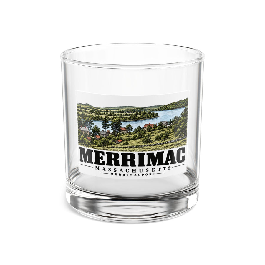 Front of Merrimacport rocks glass, with Merrimac, Massachusetts artwork and lettering.