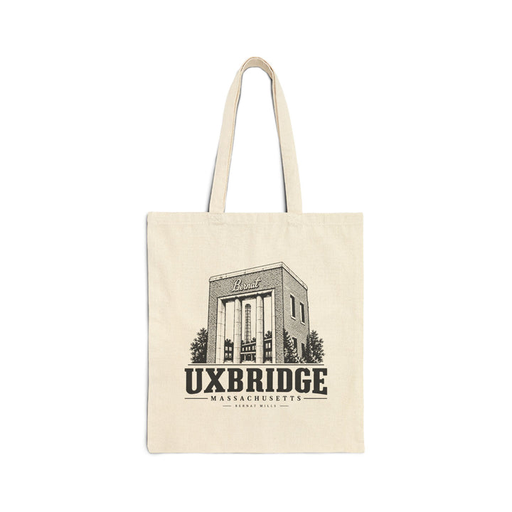 Natural canvas tote with Uxbridge Bernat Mill artwork, front view