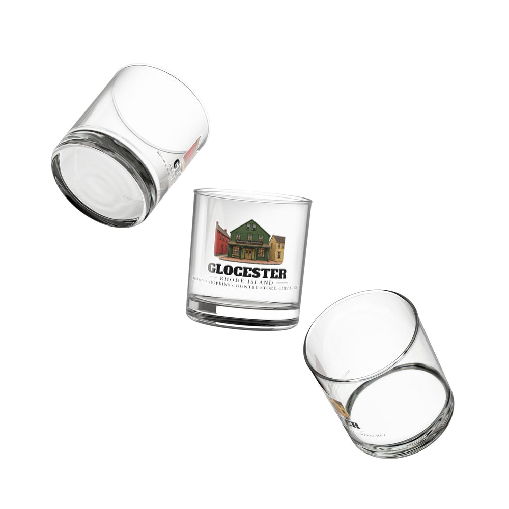 Angled view of Glocester Brown & Hopkins Country Store, Chepachet 10 oz Rocks Glass