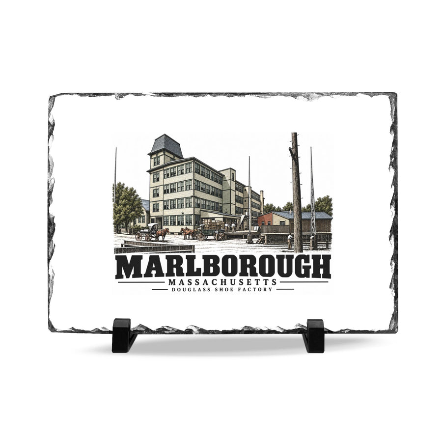 Illustrated Douglass Shoe Factory in Marlborough on slate desk plaque