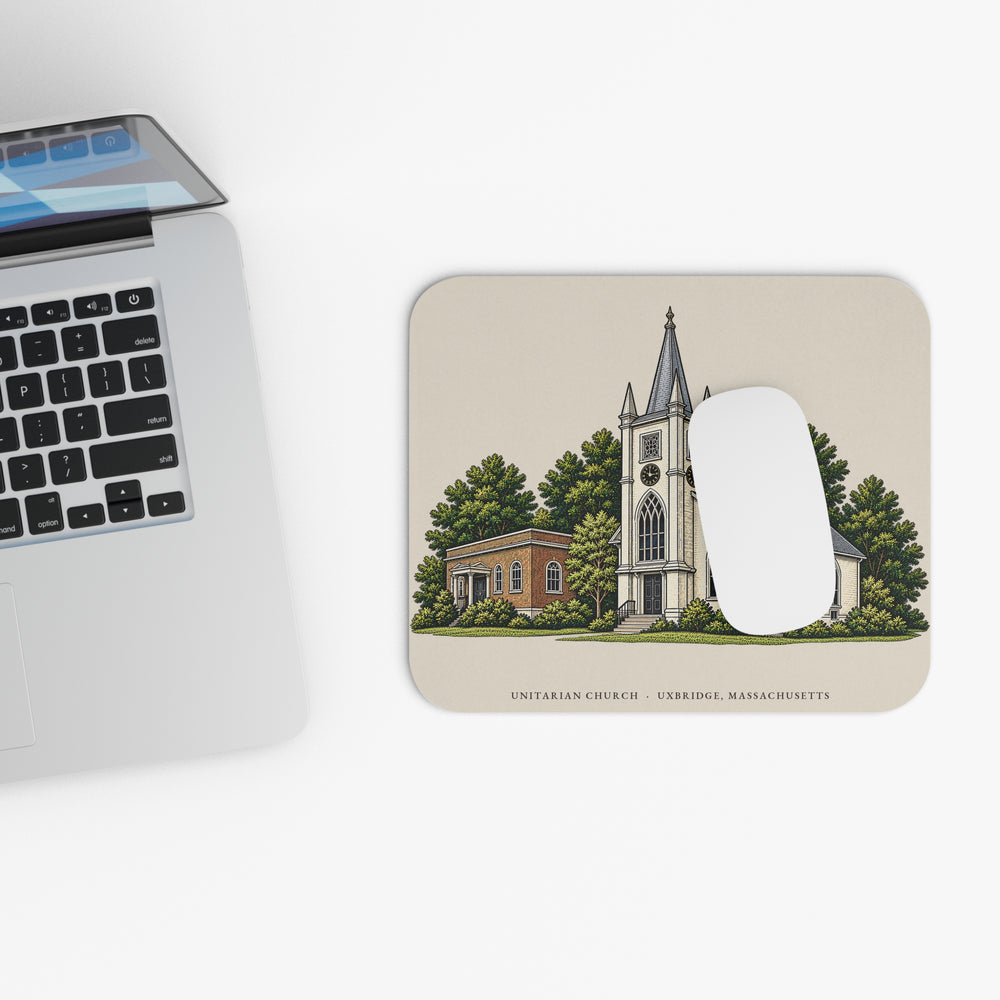 Uxbridge Unitarian Church mouse pad mockup showing the full illustrated print