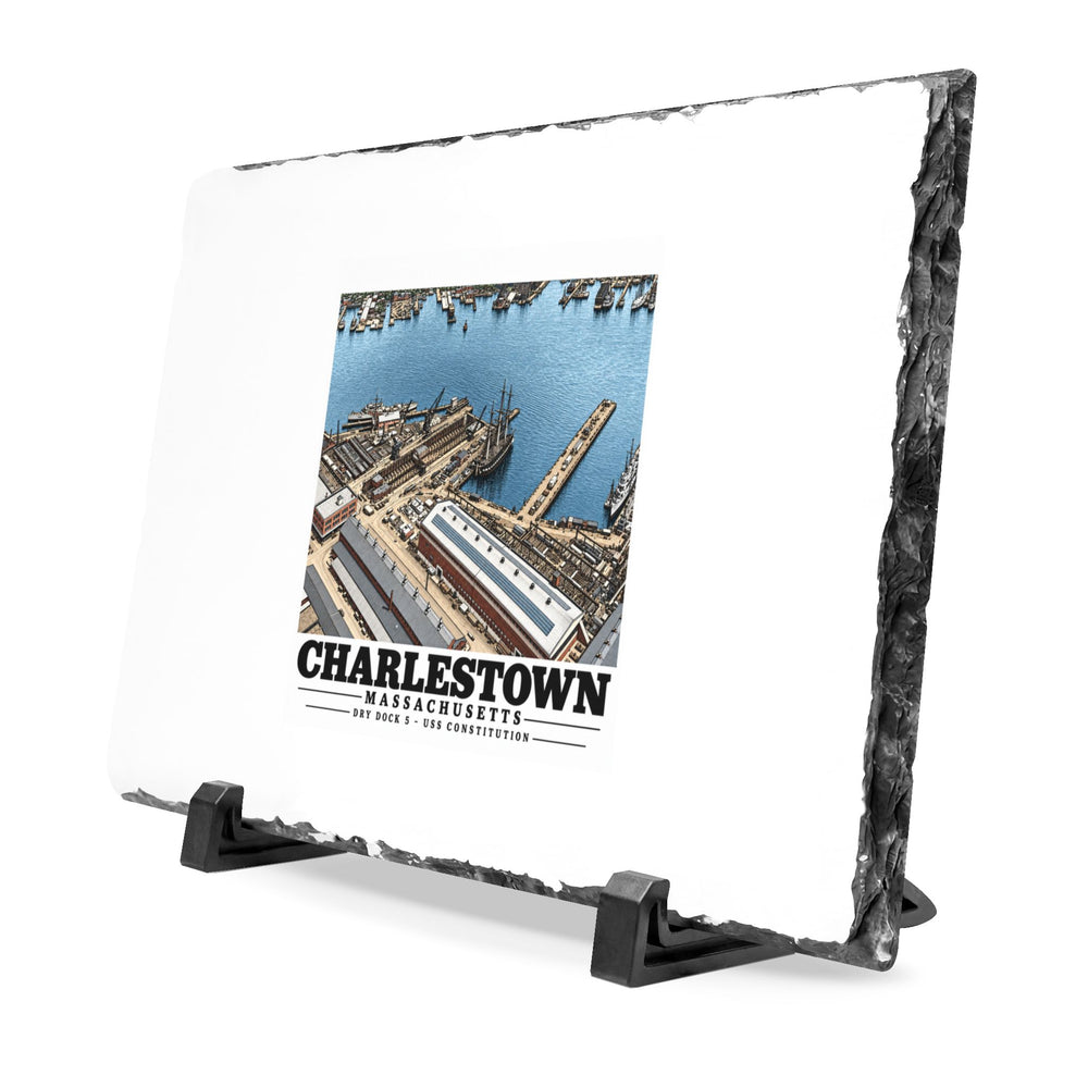 Illustrated Dry Dock 5 and Constitution Pier in Charlestown on slate desk plaque