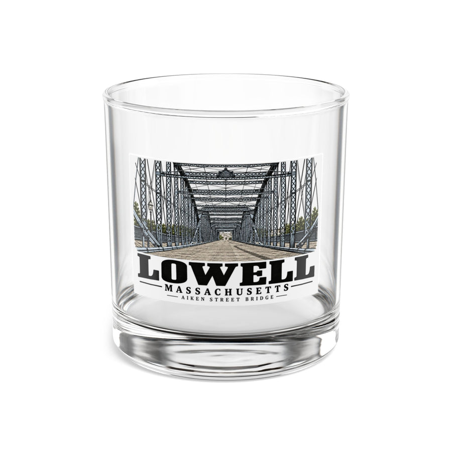 Front of Aiken Street Bridge rocks glass, with Lowell, Massachusetts artwork and lettering.