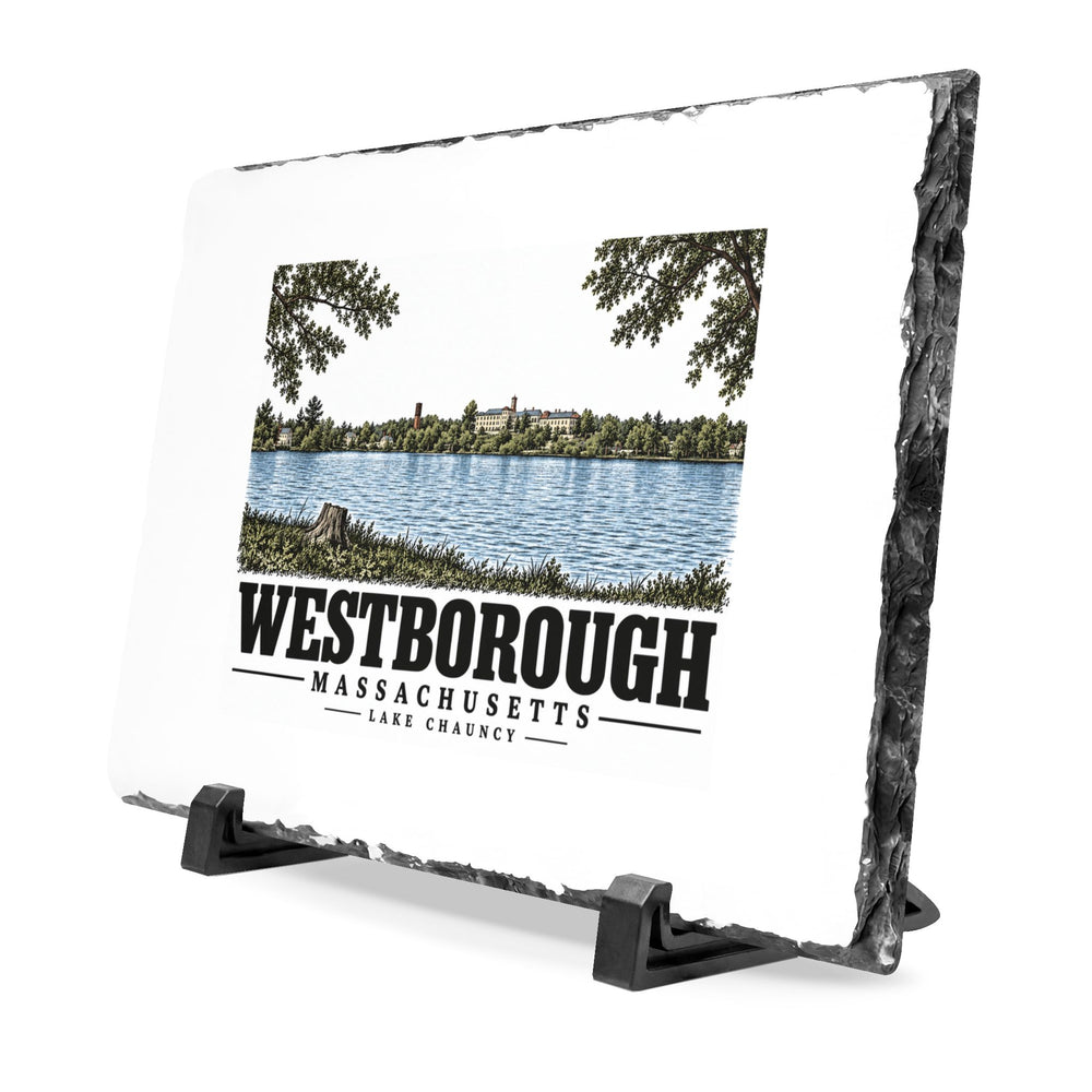 Illustrated Lake Chauncy in Westborough on slate desk plaque