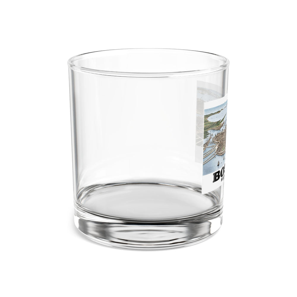 Side view of clear rocks glass with mostly unprinted surface and part of historic Boston harbor panorama with boats and waterfront buildings print at right