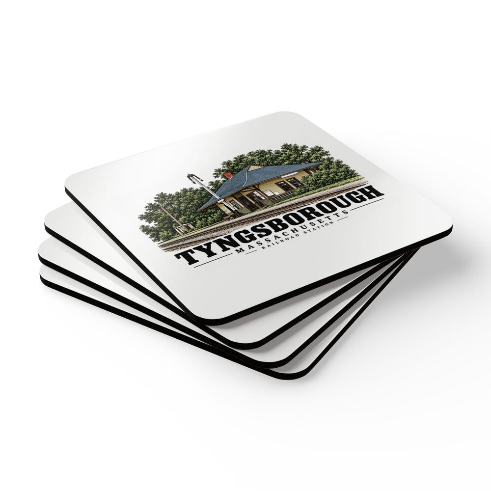 Stack of four coasters of Railroad Station square cork-backed coaster set, Tyngsborough, Massachusetts.