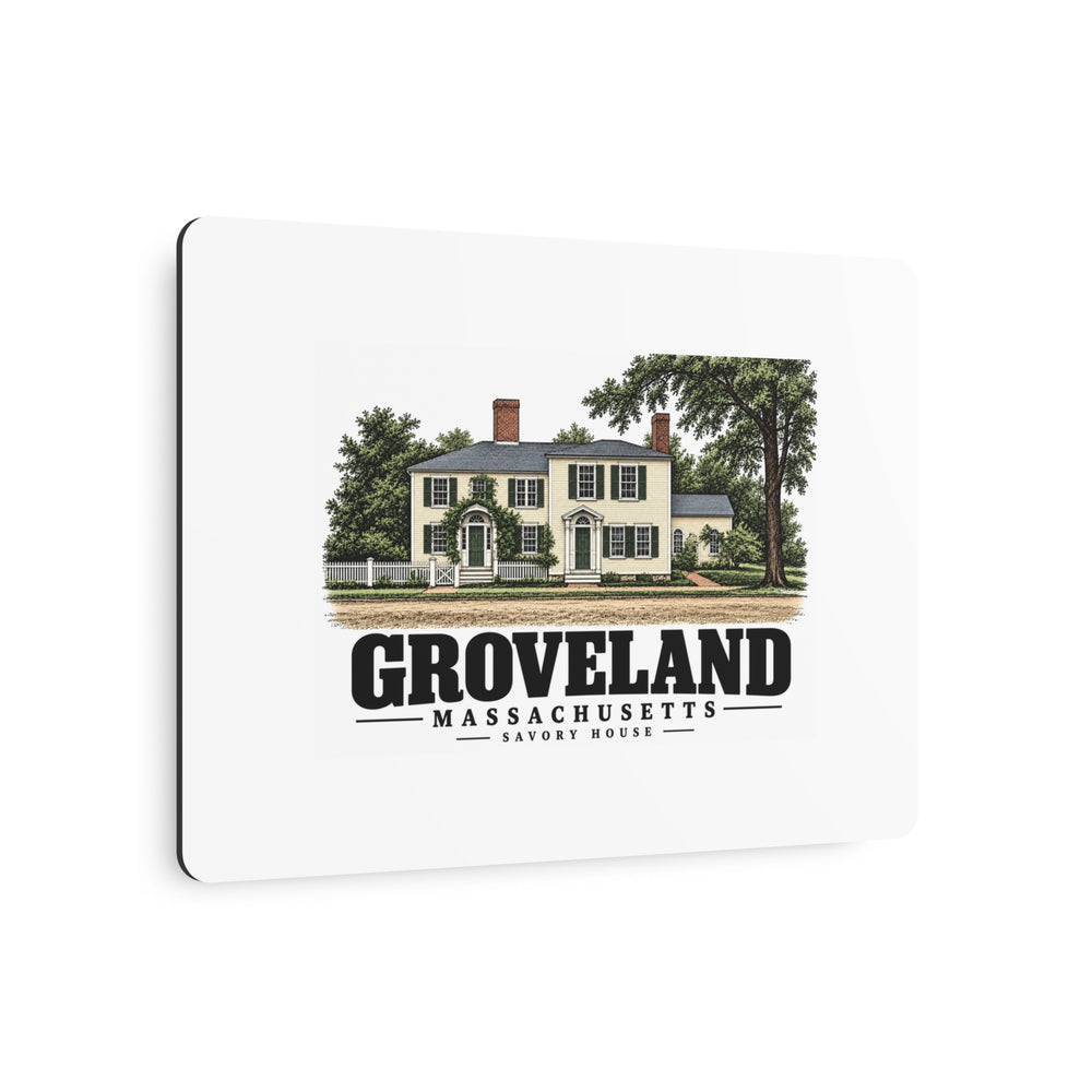 Angled front of Savory House metal wall art, with Groveland, Massachusetts artwork and lettering.
