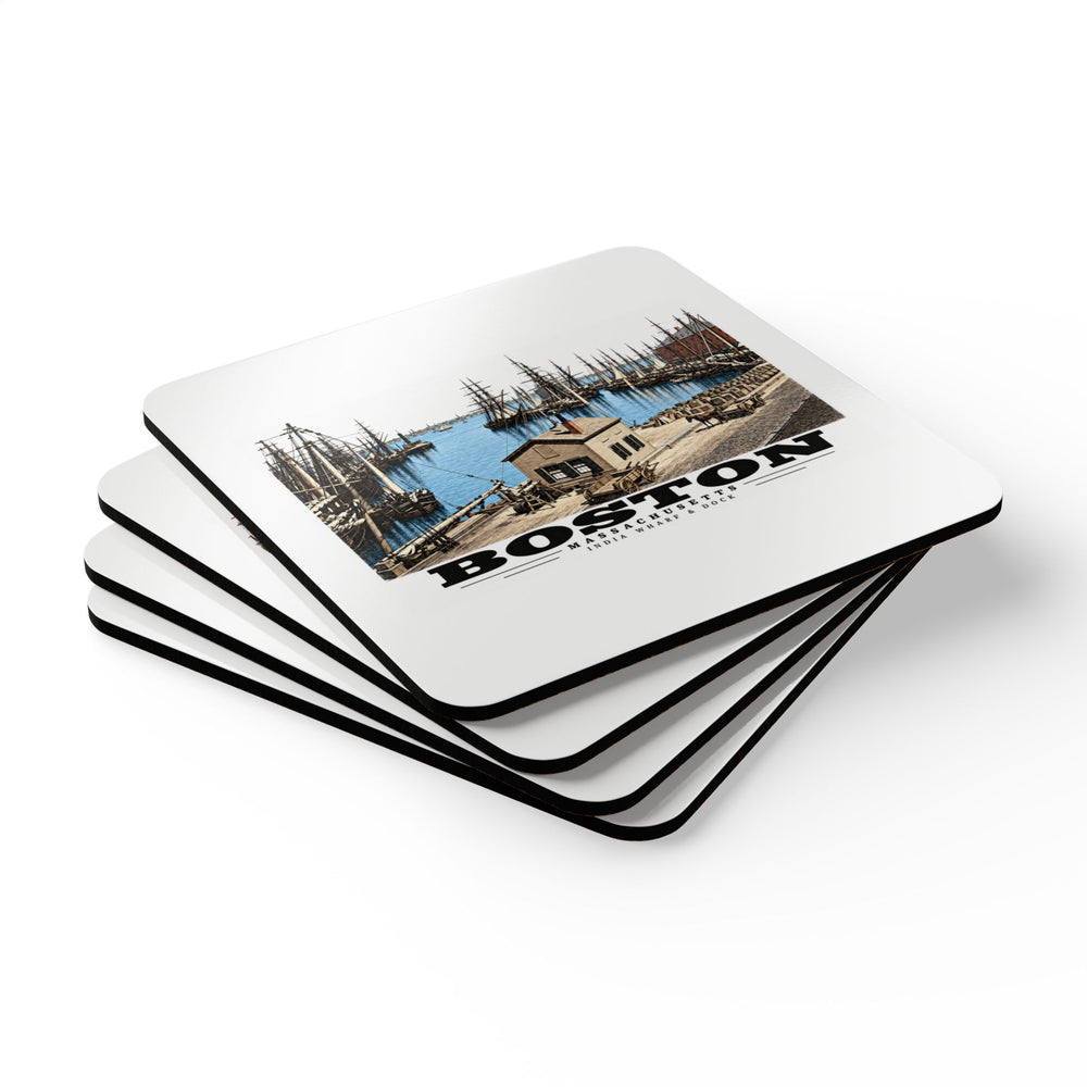 India Wharf and dock, Boston Cork Back Coaster Set - Boston Harbor