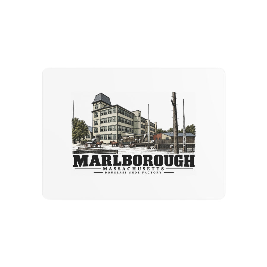 Illustrated Douglass Shoe Factory in Marlborough on metal art sign
