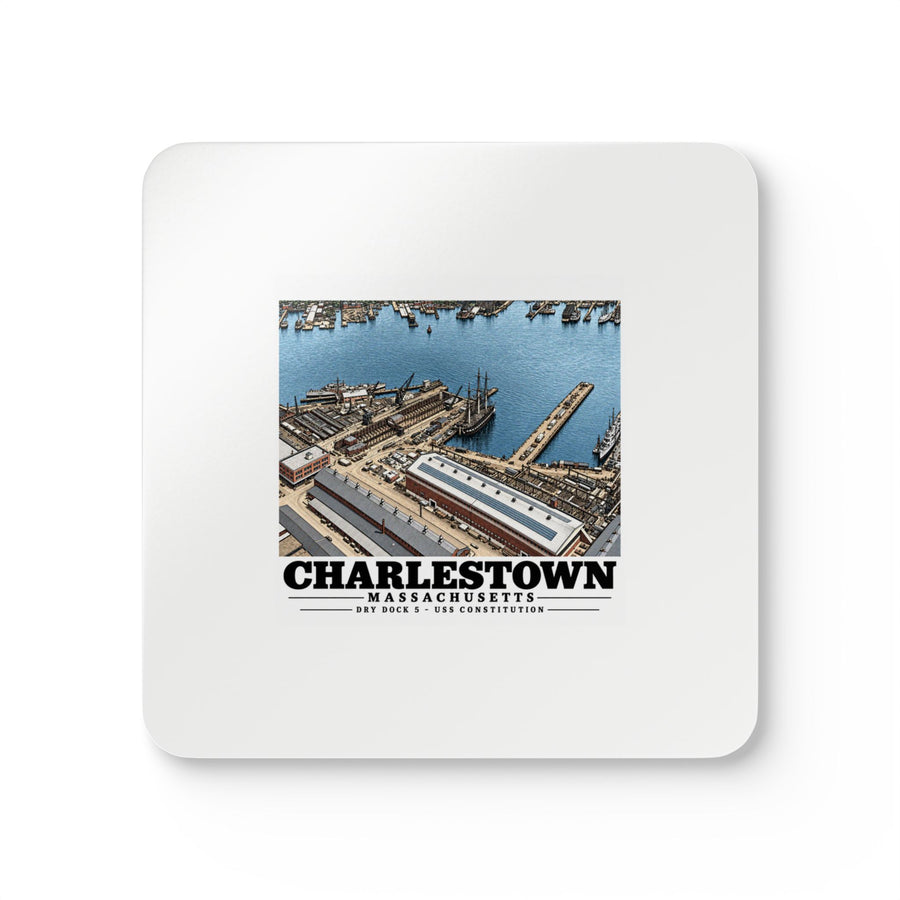 Illustrated Dry Dock 5 and Constitution Pier in Charlestown on corkwood coaster set