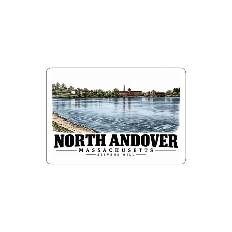 Front of Stevens Mill white die-cut sticker, with North Andover, Massachusetts artwork and lettering.